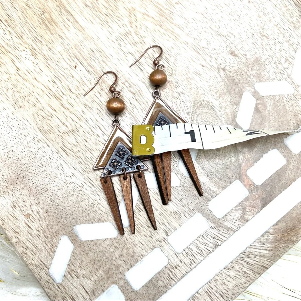 Boho hippie southwestern triangle geometric wood spikes dangle earrings